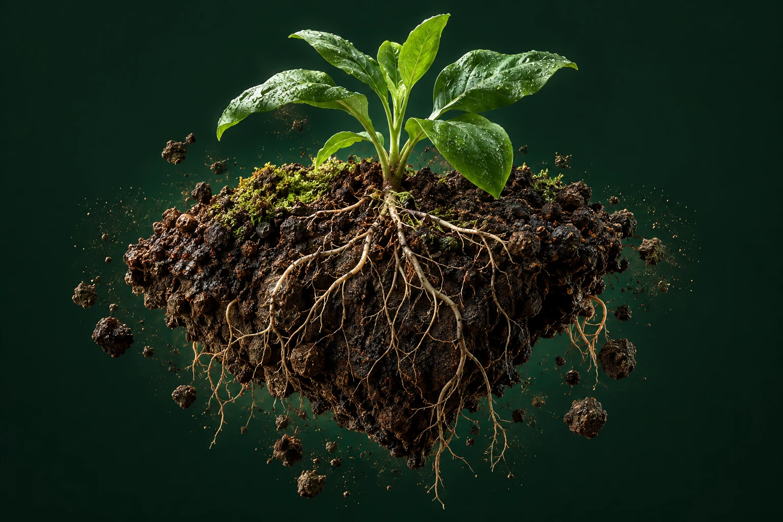 A floating cross-section of rich soil with a thriving green plant and delicate exposed roots